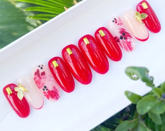 SUMMER | Red Glossy Nails with Matte Abstract Accent and 3D Gold Butterfly | Press On Nails | Japanese Style | Summer Nails | Spring Nails