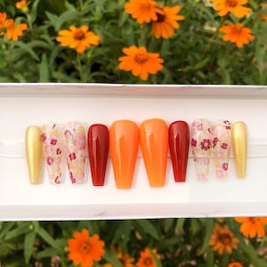 ESMA | Glossy Bright Autumn Press On Nails | Burgundy Orange Gold Nails | Foil Floral Pattern | Reusable Luxury Glue on Nails | Builder Gel