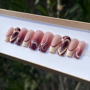 You Mocha Me Crazy | Fall Press-on Nails | Brown Ombre French Tips with Cute Heart & Flame Designs, Full Coverage Durable False Nails Gel X