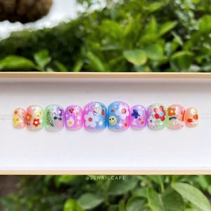 TWINKLE TOES | Colorful Jelly Kid Core Press On Nails | Glitter & Sticker Nails |Luxury Reusable Glue On Nails | Short Square - Builder Gel