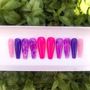 BLUSH | Glossy Pink & Purple Marble Press On Nails | Reusable Luxury Glue On Nails | Summer Spring Nails | Long Coffin Nails | Builder Gel