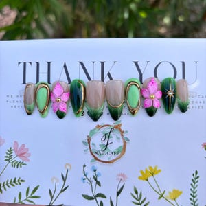 ZELENA | Green Floral Press-on Nails | 3D Sculpted Pink Flowers with Gold Chrome Lines and Stunning  Airbrush Design | Full Coverage Nails