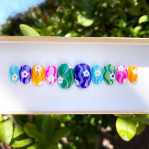 SO WAVY | Floral Abstract Rainbow Press On Nails | Colorful Summer Nails | Reusable Luxury Glue On Nails | Short Oval | Builder Gel