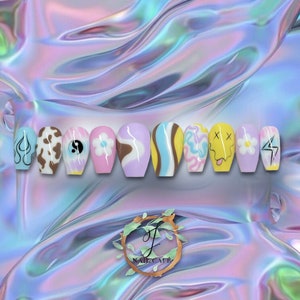 VIVI | Mismatch Colorful Pastel Press On Nails | Reusable Luxury Glue On Nails | Short Coffin Nails | Builder Gel | Gel X | Summer Nails
