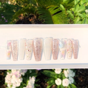 ROSETTA | Glossy Soft White & Pink Translucent Press On Nails | Reusable Luxury Glue On Nails | Summer Nails | Spring Nails | Floral Nails