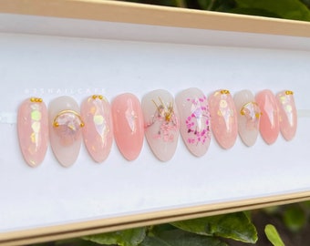 MAI | Soft Pink and Milky White Floral Press-On Nails | Builder Gel Encapsulated Flowers | Medium Oval Nails | Luxury Reusable Nails