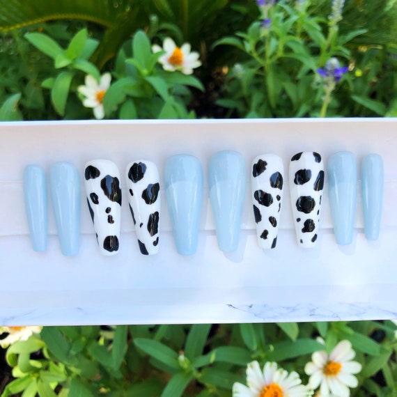 Betty Glossy Baby Blue Cow Print Press On Nails Etsy Betty Glossy Baby Blue Cow Print Press On Nails Etsy