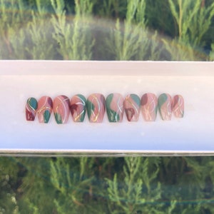 AUTUMN CALLS | Abstract Pine & Brown Press On Nails with Gold Detailing | Reusable Luxury Glue On Nails | Builder Gel | Apres | Gel X