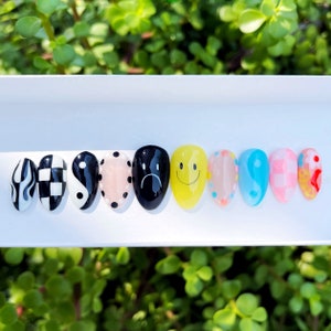 POLAR OPPOSITES  | Sad Black and White versus Happy and Colorful Press On Nails | Reusable Luxury Glue On Nails | Medium Oval Nails | Summer