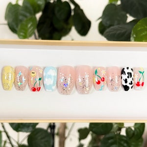 SAM | Kid Core Silver Indie Press On Nails | Fun and Cute Nails | Reusable Luxury Glue On Nails | Short Coffin | Glitter Hand Painted Nails