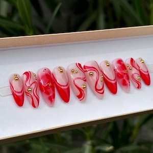 SWAY ME | True Red Press-on Nails | Hand-painted Swirls French Tip  Blooming Gel Designs with Gold Beads, Full Coverage Salon Quality  Nails
