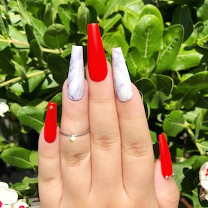 RED | Matte Red Marble Press On Nails | Reusable Luxury Glue On Nails | Long Coffin Nails | Christmas Nails