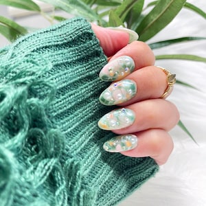 FIONA | Meadow Green Ornamental Press On Nails with Pearls and Silver Rhinestones - Festive Nails | Christmas Nails | Medium Oval Nails