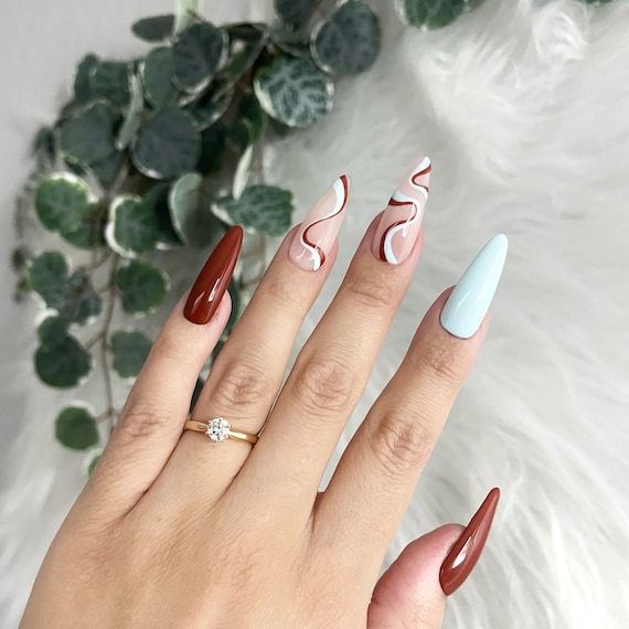 RIVET | Autumn Abstract Press on Nails - Baby Blue and Burgundy Nails |  Long Almond Nails | Fall Nails | Luxury Nails | Glue on Nails - Etsy