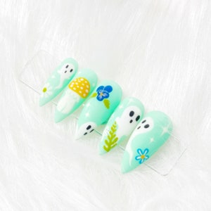 BOO | Cute Ghost Bohemian Style Halloween Press On Nails | Reusable Luxury Glue On Nails | Medium Stiletto Nails | Builder Gel