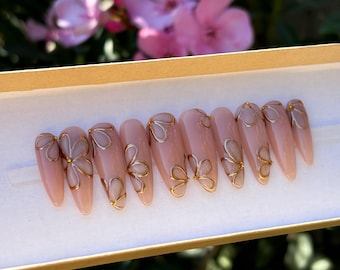 Gardenia | Hand-painted Shimmery White Flower Press-on Nails | Gold Chrome Design Salon Quality Gel X Reusable False Nails