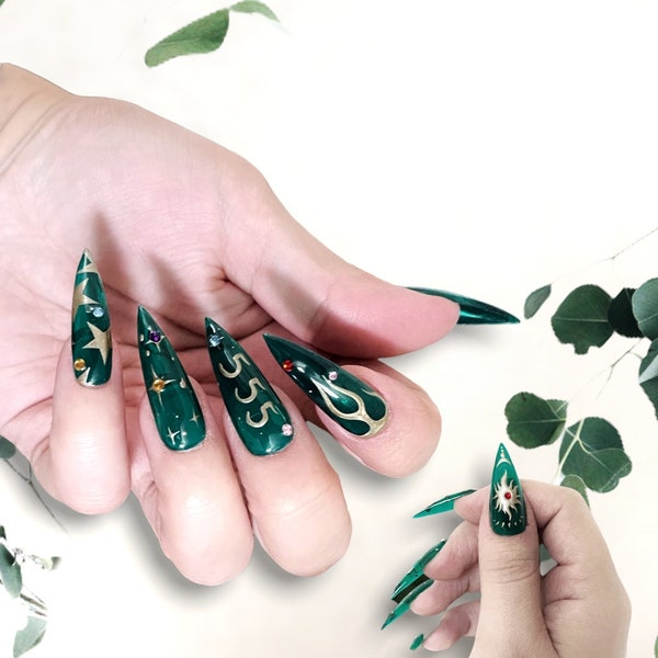 AGAPE | Translucent Emerald Green Angel Number Press On Nails | Long Stiletto Nails | Short Almond Nails | Builder Gel | Gel X