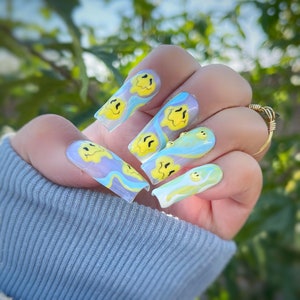 SUZZIE Hand Painted Melted Smiley Faces w/ Abstract Baby Blue and Yellow Lines on Shimmery Baby Blue Background Kid Core Press On Nails image 1