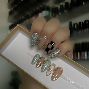 ELEMENT | Checkered Silver Reflective Glitter Press-on Nails | Medium Almond Reusable Glue-on Nails | Gel X Builder Gel Nails