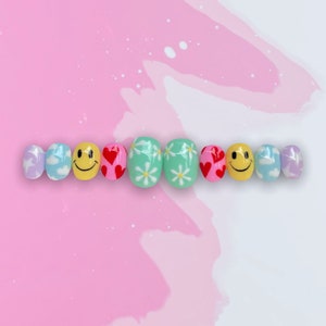 AMY | Cute Mismatch Press On Nails | Sky, Flowers, Hearts, Stars and Happy Face :) Reusable Luxury Glue On Nails | Spring Nails | Short Oval