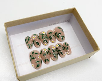 SAMANTHA | Soft Floral Nail Art Press-on Nails | Medium Oval | Builder Gel Gel X Nails | Durable & Reusable Press-on Nails