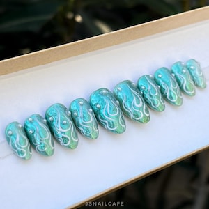 SAGE-LESS | Crystal Textured Silky Sage Flame Design Press-on Nails | Salon Quality Reusable Nails, Builder Gel Base | Pearl Rhinestones