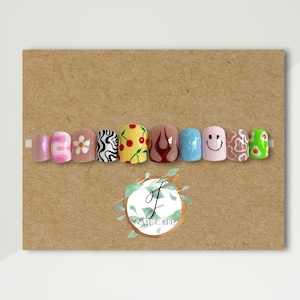 BLISS | Mismatch Colorful Press On Nails | Short Square | Builder Gel | Reusable Luxury Glue On Nails | Hand painted Summer - Spring Nails