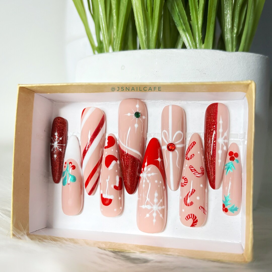 Mcjingles Fun Holiday Press on Nails Hand Painted Christmas Candy