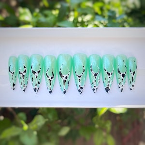 B*tch, I&#39;m a Cow | Pistachio Glitter Green Nails with Flame Cow Design | Fun Summer Press On Nails | Reusable Luxury Glue On Nails | Long