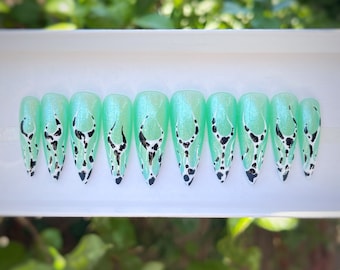 B*tch, I'm a Cow | Pistachio Glitter Green Nails with Flame Cow Design | Fun Summer Press On Nails | Reusable Luxury Glue On Nails | Long