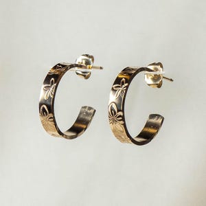 Plumeria Tropical Hawaiian Flower Hoop Earrings, 4MM Wide, 14K Gold Filled, Sterling Silver, Hand Stamped, Post Hoop Studs, Gifts for her