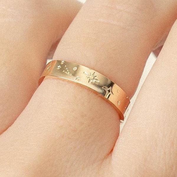 Constellation Ring Band, 4MM Wide, Customized, Multi Zodiac Ring, 14K Gold Filled, Sterling Silver, Stacking Ring, Sizes 2-15, Hand Stamped