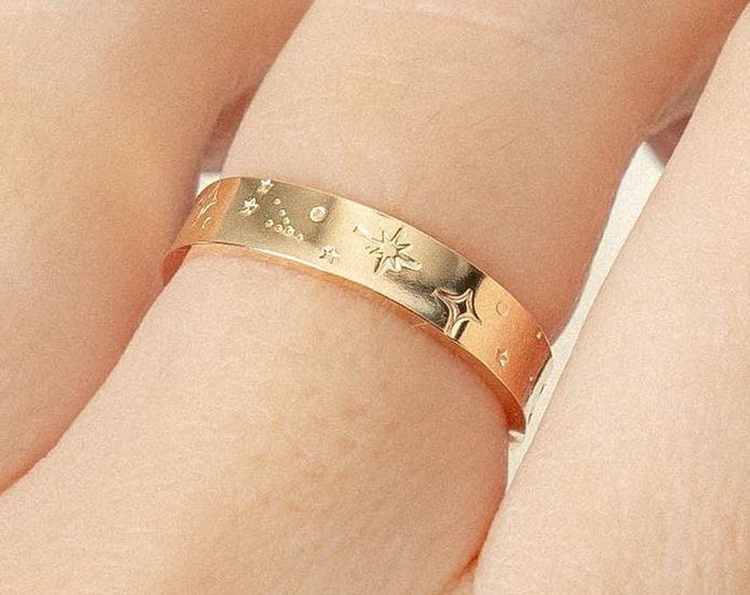 Constellation Ring Band, 4MM Wide, Customized, Multi Zodiac Ring, 14K Gold Filled, Sterling Silver, Stacking Ring, Sizes 2-15, Hand Stamped