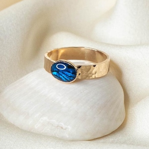 Paua Abalone Shell Textured Hammered Band Ring, 4MM Thick Ring, 14K Gold Filled, Sterling Silver, Ocean Jewelry, Stacking Ring, Sizes 2-15