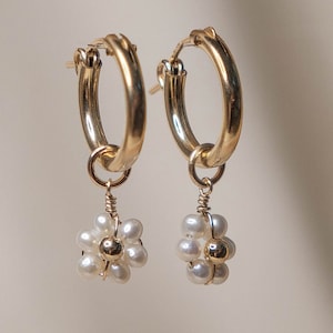 Daisy Pearl Earrings Hoops, Freshwater Pearl Earrings, Daisy Flower Pearl Earrings, Gifts for her, 14K Gold Filled, Sterling Silver, Bridal