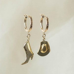Cowgirl Boots Gold Hoop Earring, Cowgirl Hat Hoop Earring, Cowboy Charm Hoop Earrings, Western Charm Earrings, 15MM Hoops, 14K Gold Filled