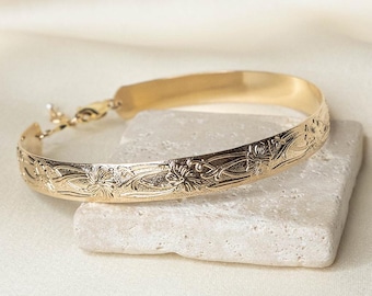 Braccialetto vintage hawaiano con motivo floreale spesso, braccialetti, riempito d'oro, argento sterling, fiore tropicale, braccialetto Forever, bracciale in oro