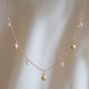 Shell Ocean Necklace, 14K Gold Filled Dainty Necklace, Fresh Water Pearl Necklace, Gifts for her, Charm Necklace, Beach, Sterling Silver