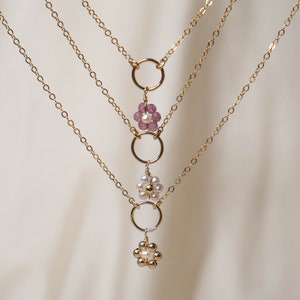 Flower Necklace - Daisy Necklace, Gold & Pearls Daisy Necklace, Beaded Flower Necklace, 14k Gold Filled Necklace, Tourmaline Necklace