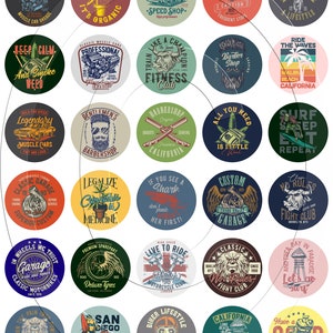 May include: A collection of circular vintage-style graphic designs. The designs feature various themes, including muscle cars, motorcycles, surfing, barber shops, and fitness clubs. Each design incorporates text and illustrations, with a retro aesthetic.