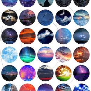 May include: A collection of 25 circular images featuring various night sky scenes. The images depict a variety of celestial bodies, including stars, planets, and the moon, as well as clouds, lightning, and other atmospheric phenomena.