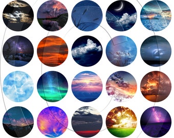 May include: A collection of 25 circular images featuring various night sky scenes. The images depict a variety of celestial bodies, including stars, planets, and the moon, as well as clouds, lightning, and other atmospheric phenomena.