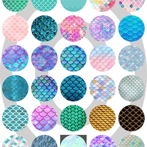 May include: A collection of 30 round stickers featuring various mermaid scale patterns in shades of blue, green, pink, and purple. The stickers have a glossy finish and are perfect for adding a touch of whimsy to any project.