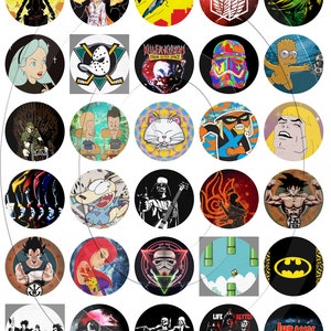 Puede incluir: Una colección de diseños gráficos circulares con varios personajes y logotipos de la cultura pop. Incluye imágenes de Batman, Darth Vader, Bart Simpson y el logotipo de Jurassic Park, entre otros. Los diseños son coloridos y diversos.