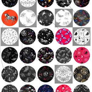 May include: A set of 36 digital seamless patterns featuring various spooky and whimsical designs. The patterns include skeletons, skulls, butterflies, moths, unicorns, and more. The patterns are in black and white, as well as colorful variations.