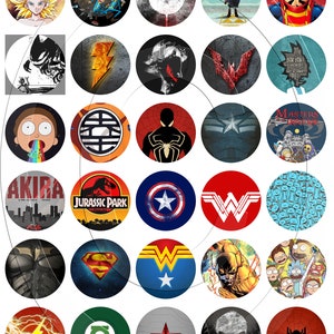 May include: A collection of 36 round stickers featuring various pop culture characters and logos. The stickers include characters from anime, video games, and comic books. Some of the characters include Goku, Spider-Man, Batman, and Wonder Woman. The logos include the Jurassic Park logo, the Masters of the Universe logo, and the Akira logo.