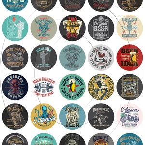 May include: A set of 25 round stickers with various designs featuring motorcycles, skulls, beer, and other biker-related themes. The stickers are colorful and have a vintage aesthetic.