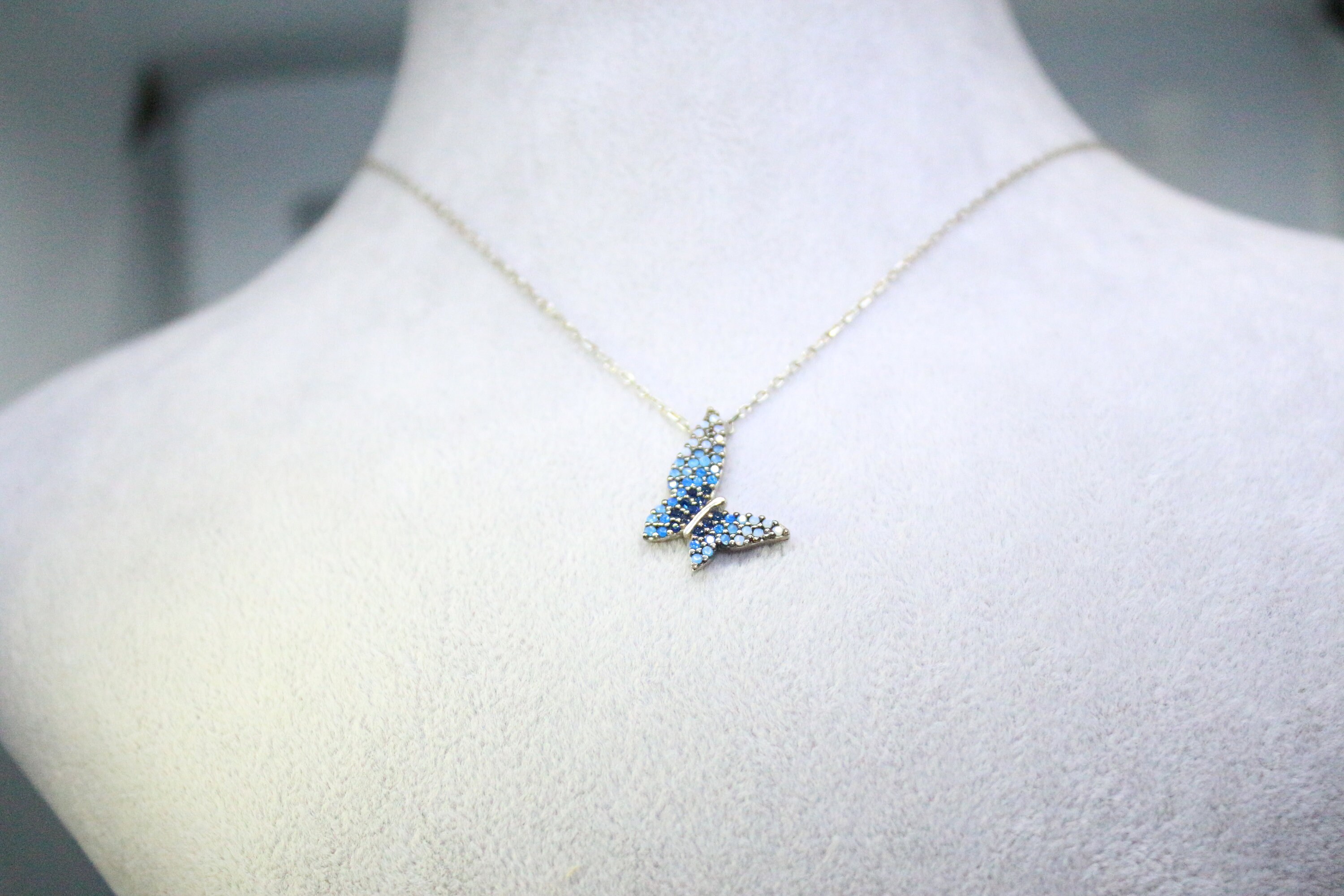 Blue Butterfly Silver Necklace Blue zircon pendant dainty | Etsy