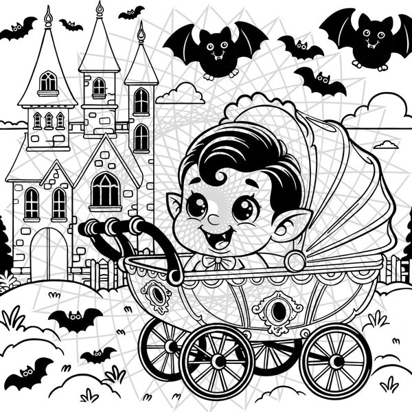 Vampire Toddle: Baby Dracula's Nightly Stroll - My Little Spookies Digital Coloring Page