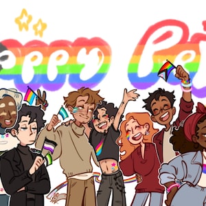 Puede incluir: Ilustración de un grupo diverso de personas celebrando el Orgullo. La imagen presenta las palabras "Happy Pride" en colores del arcoíris, junto con varias banderas y símbolos del Orgullo. Los personajes sonríen y agitan banderas.